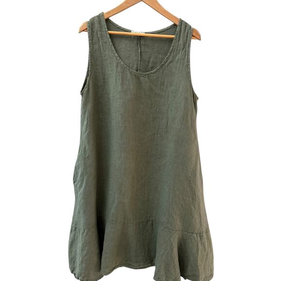 Colette Italian Linen Drop Waist Sleeveless Olive‎ Green Dress Pockets Size 2X - Picture 1 of 7